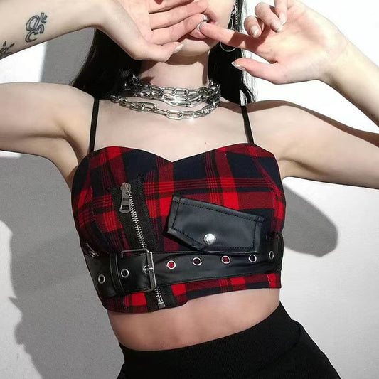 Punk style black and red plaid suspenders